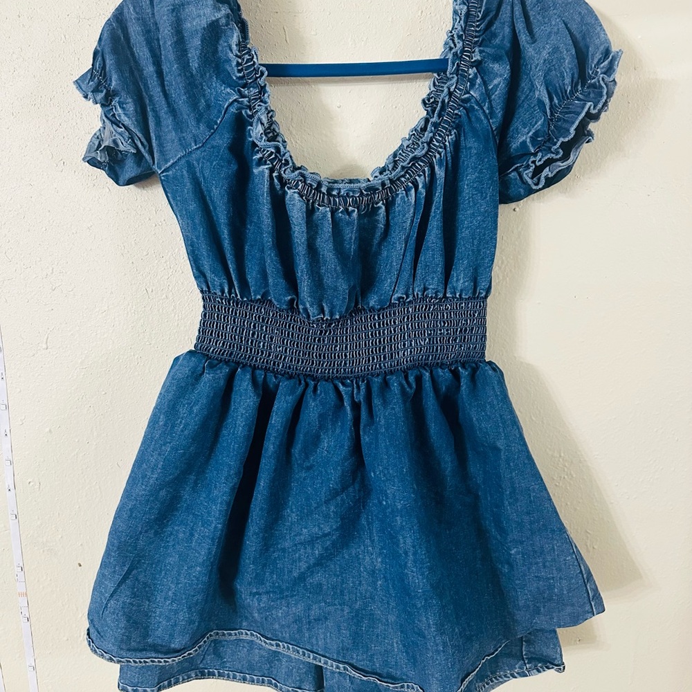 Boutique 9 Blue Denim Smocked Waist Peplum Dress